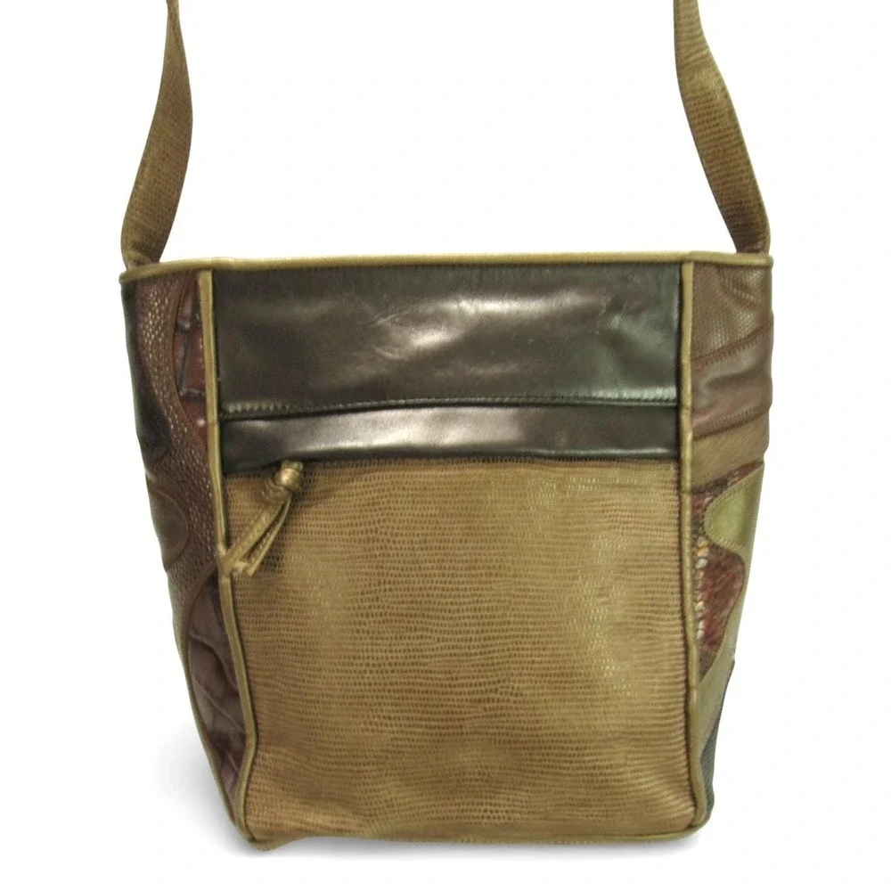 VTG SHARIF Brown/Multi LEATHER PATCHWORK Croc Embossed SHOULDER PURE BAG
